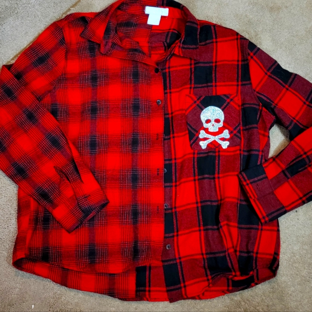 Red and Black Plaid Juniors Shirt with Skull Design